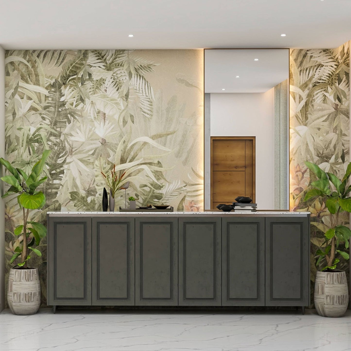 BHS Interio Contemporary Foyer Wall Paneling With Wallpaper & Acrylic Mirror