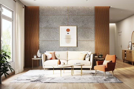 BHS Interio Contemporary Living Room Wall Paneling with Louvers & Wallpaper In Grey And Brown
