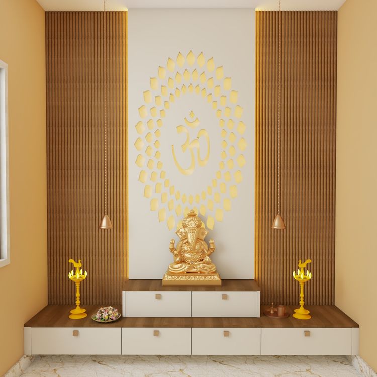 BHS Interio Modern Mandir Wall Paneling With Louvers & Laminate