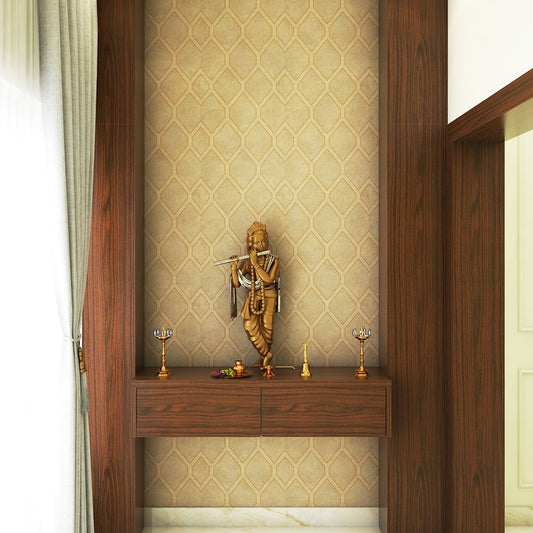 BHS Interio Minimal Mandir Wall Paneling With Laminate & Wallpaper