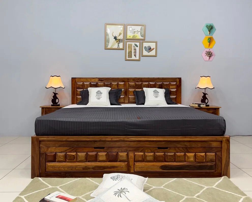 Sheesham Wood Bed in Storage & Drawer - Wooden Diamond Design - King Size