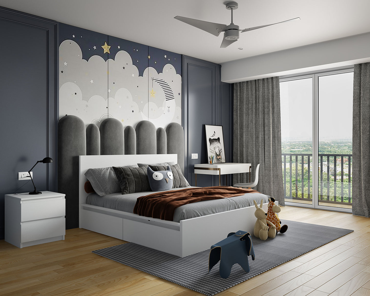 BHS Interio Modern Grey Kid's Bedroom Wall Paneling With Cloud Wallpaper And Wall Trims