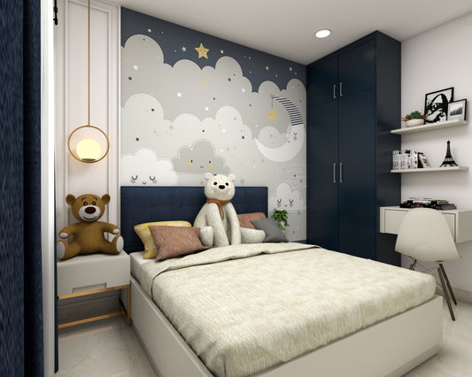 BHS Interio Modern Kids Bedroom Wall Paneling With Cloud Themed Wallpaper