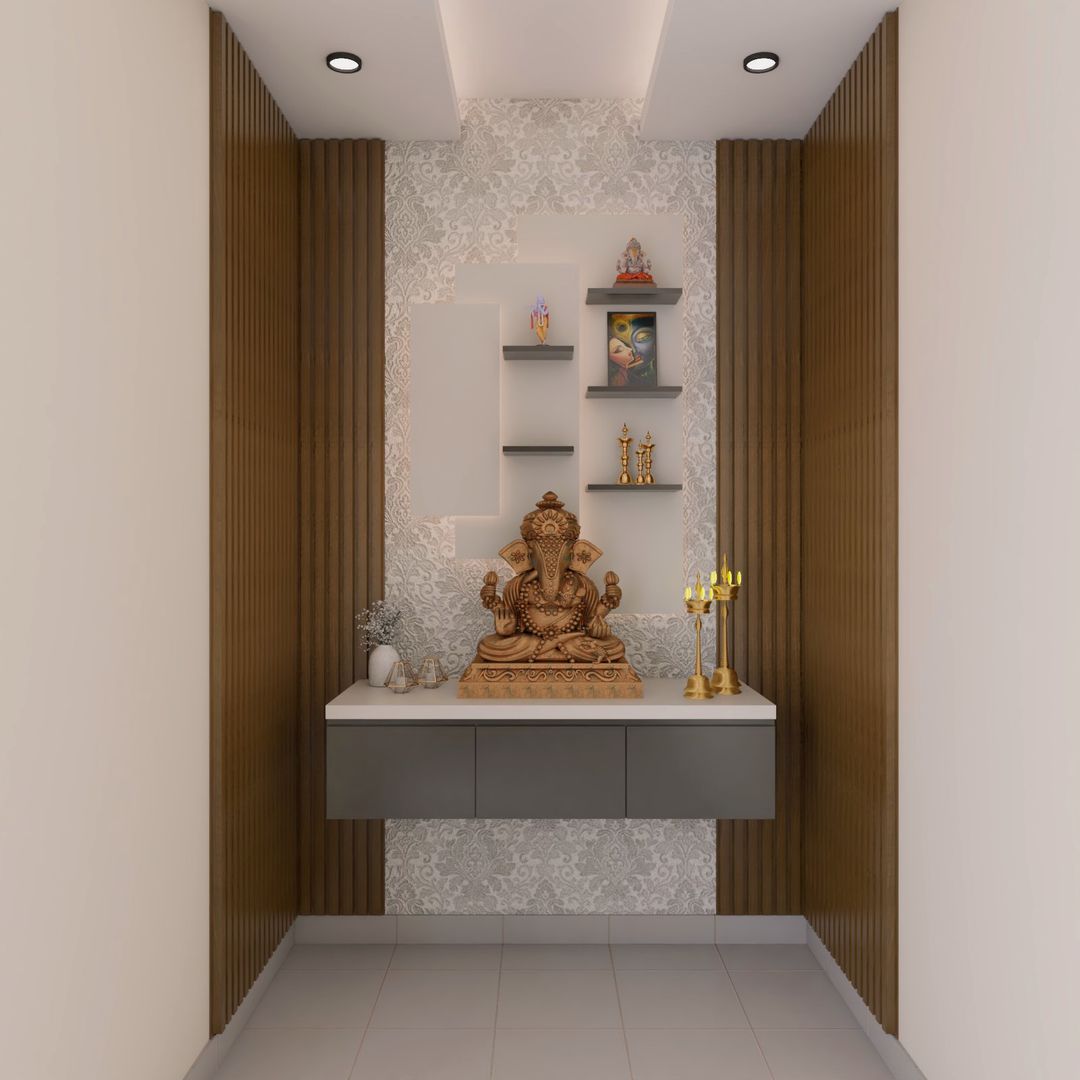 BHS Interio Modern Mandir Wall Paneling With Louvers & Wallpaper