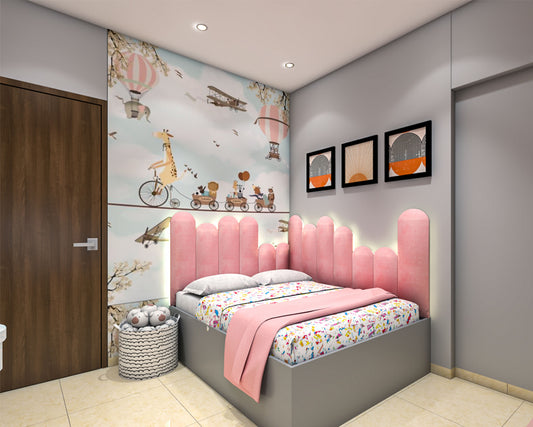 BHS Interio Modern Girls Kids Bedroom Wall Paneling With Cartoon Themed Wallpaper