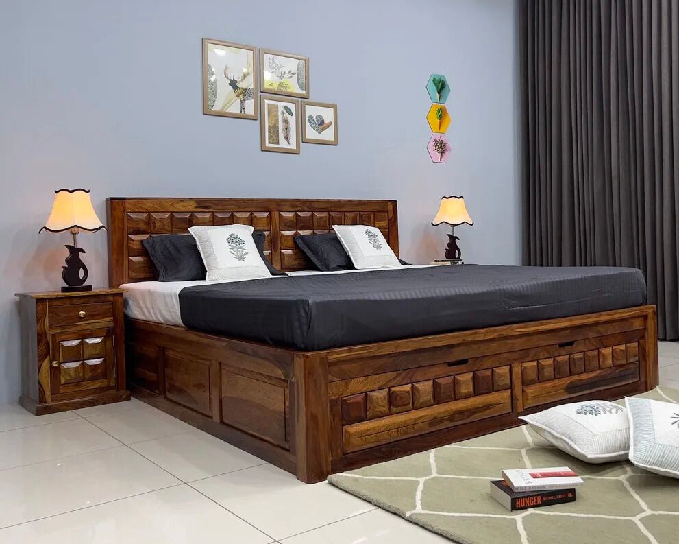 Sheesham Wood Bed in Storage & Drawer - Wooden Diamond Design - King Size