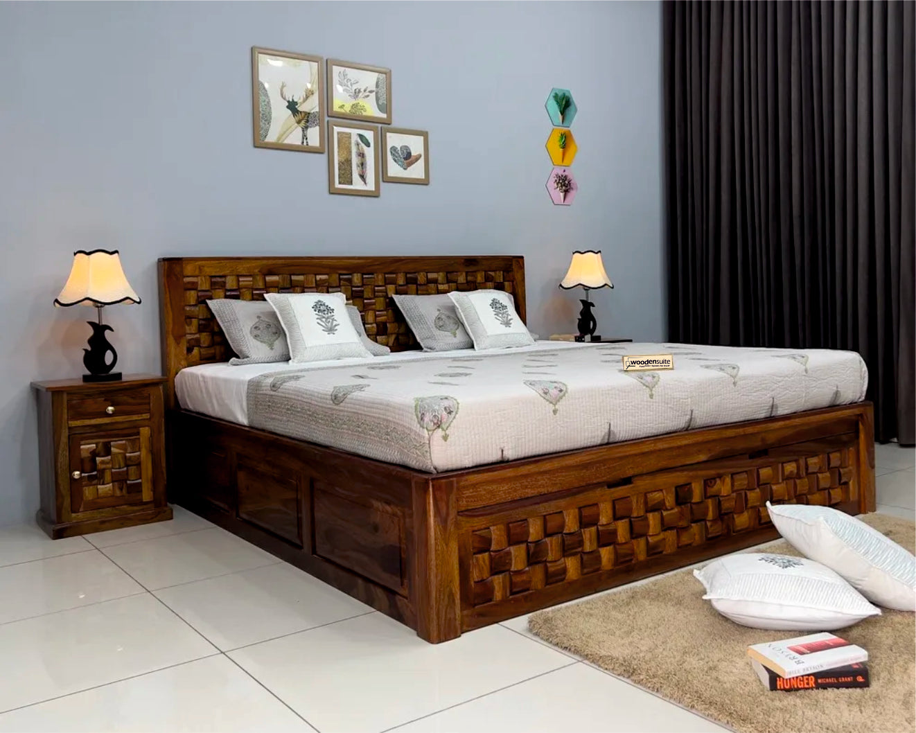 Sheesham Wood Bed in Storage & Drawer - Wooden Niwars Design - King Size