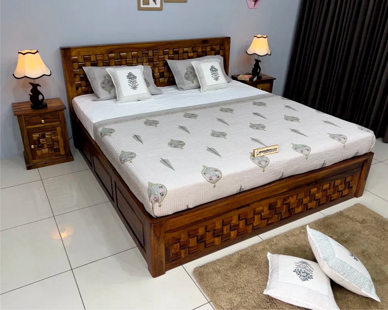 Sheesham Wood Bed in Storage & Drawer - Wooden Niwars Design - King Size