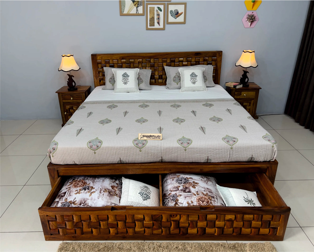Sheesham Wood Bed in Storage & Drawer - Wooden Niwars Design - King Size
