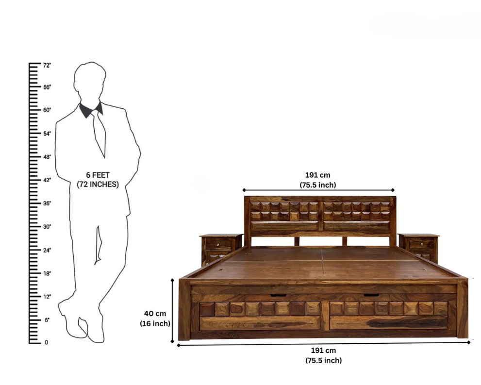 Sheesham Wood Bed in Storage & Drawer - Wooden Diamond Design - King Size