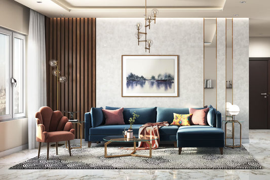 BHS Interio Contemporary Living Room Wall Paneling with Louvers & Textured Wallpaper