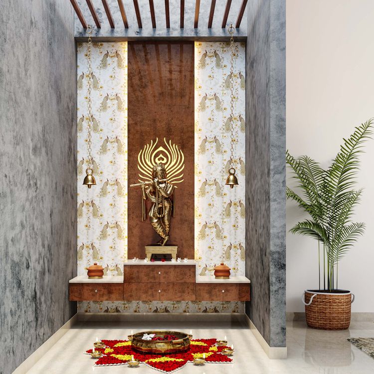 BHS Interio Modern Mandir Wall Paneling With Laminate & Wallpaper