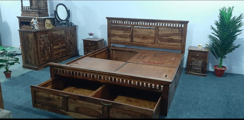 Sheesham Wood Bed in Storage & Drawer - Wooden Kuber Design - King Size