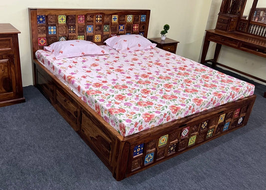 Sheesham Wood Bed in Storage & Drawer - Wooden Tile Design - King Size