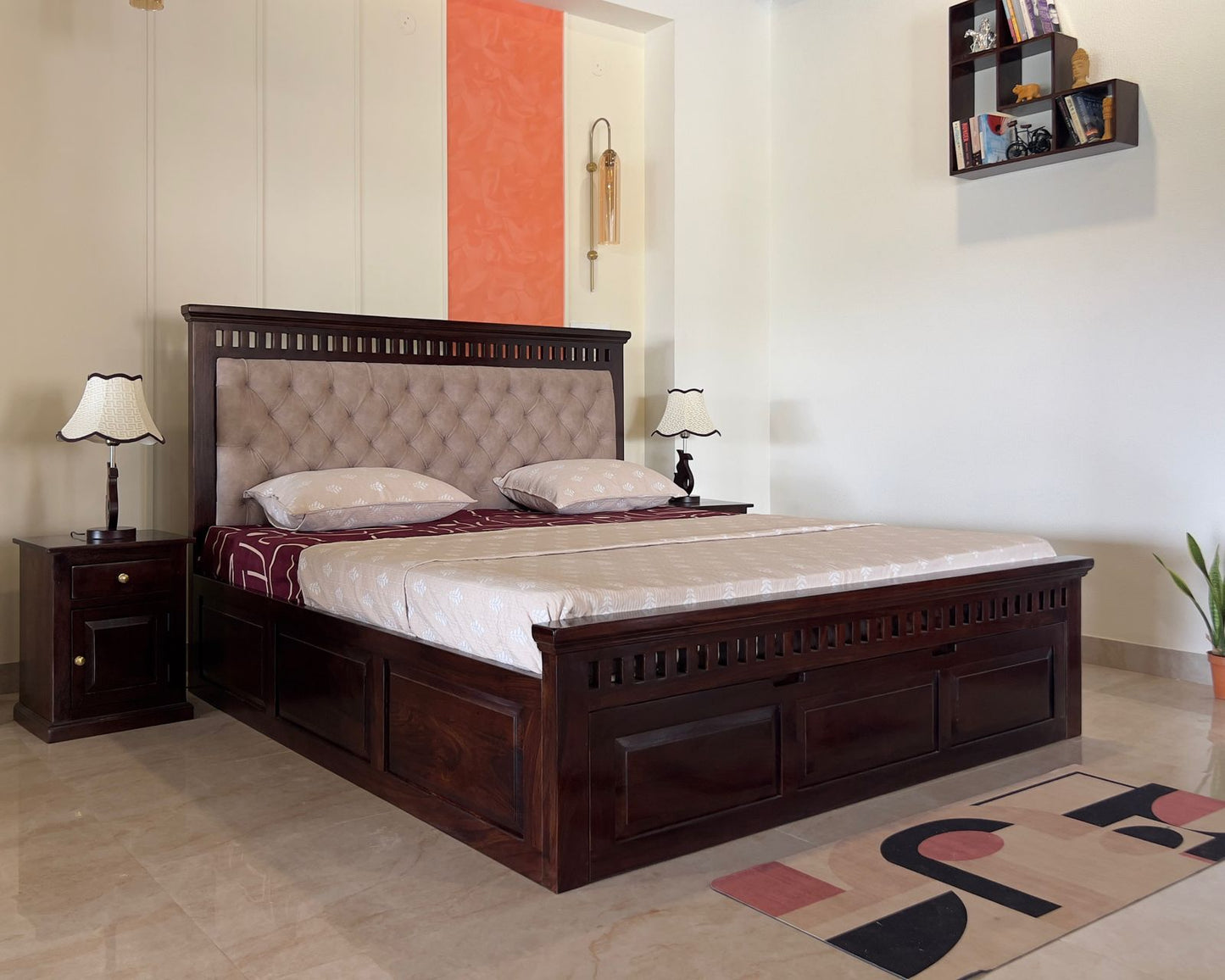 Sheesham Wood Bed in Storage & Drawer - Wooden Kuber With Qulting Design - King Size