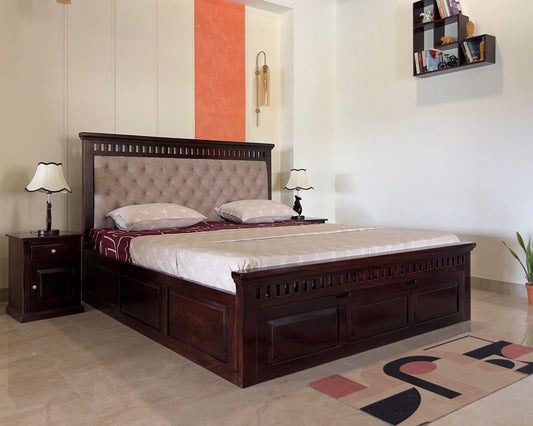Sheesham Wood Bed in Storage & Drawer - Wooden Kuber With Qulting  Design - King Size