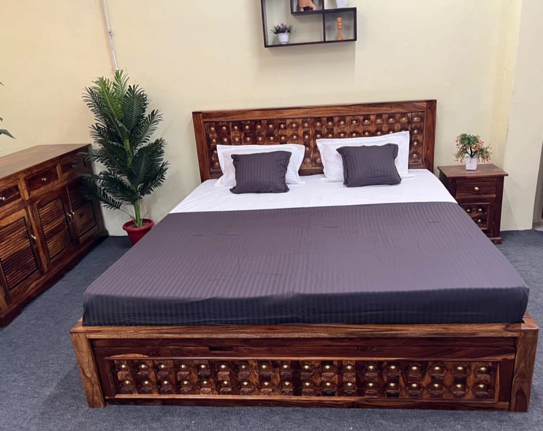 Sheesham Wood Bed in Storage & Drawer - Wooden Barkha Design - King Size