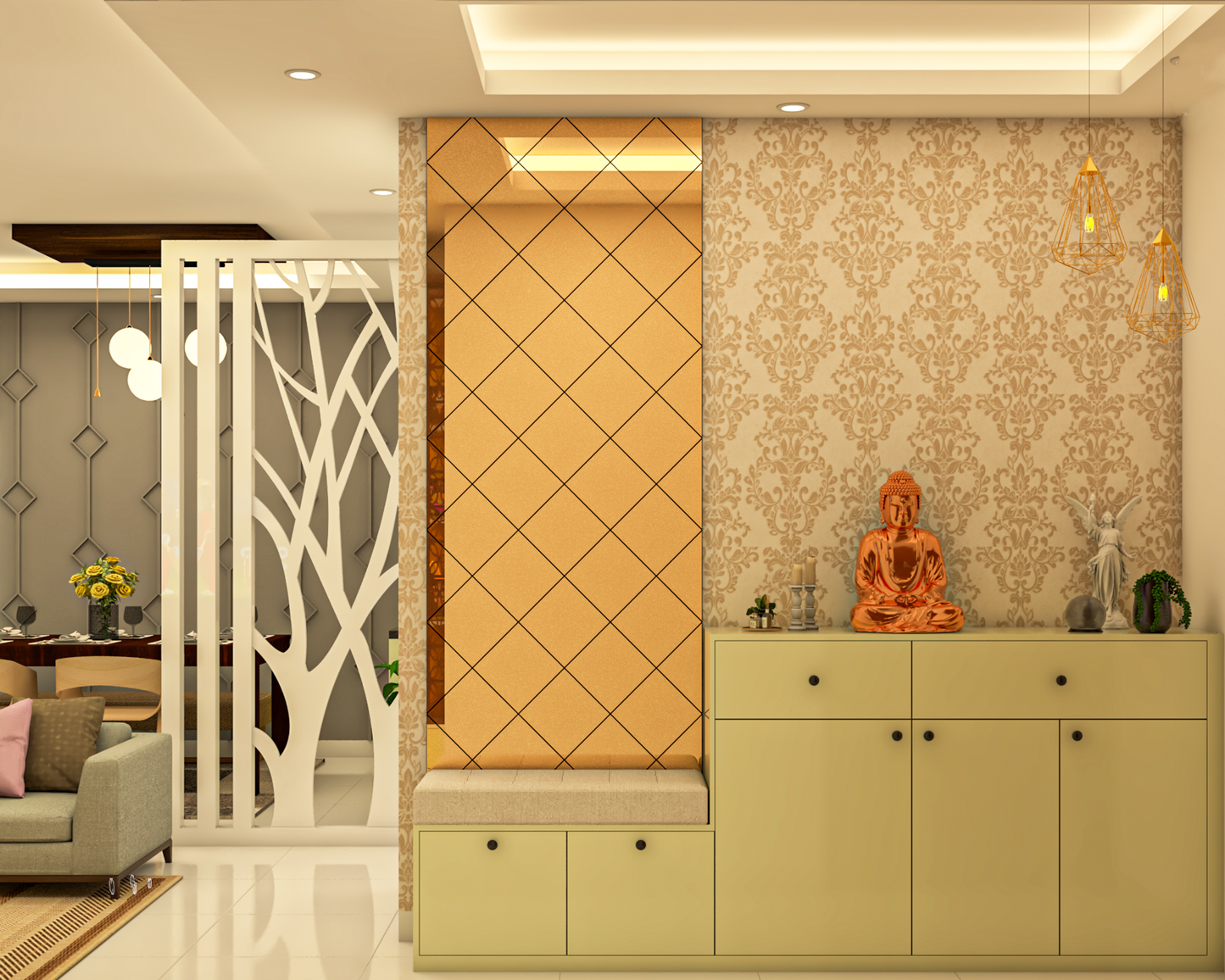 BHS Interio Contemporary Foyer Wall Paneling With Wallpaper & Mosaic Mirror