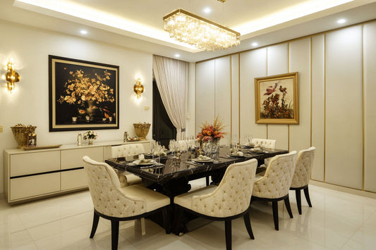 BHS Interio Classic Dining Room Wall Paneling with Wall Arts & Cushioning