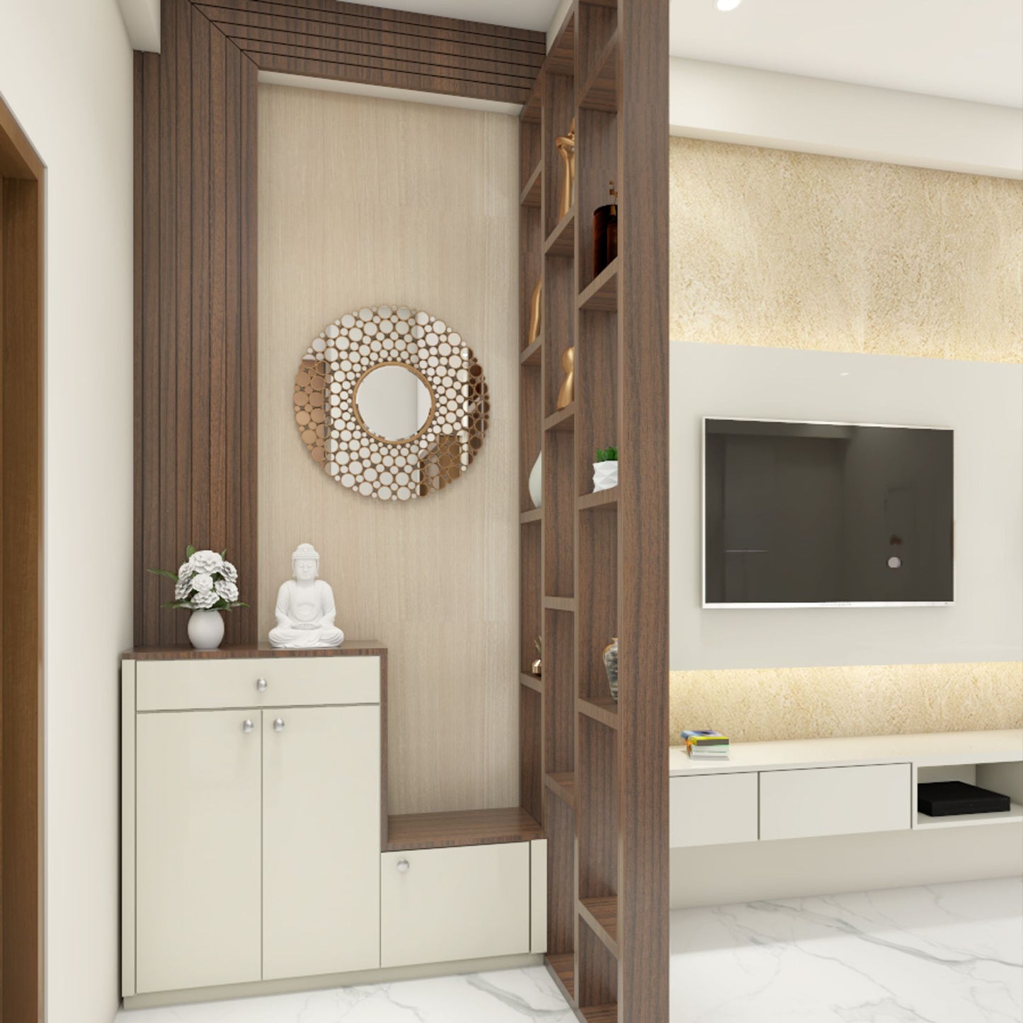 BHS Interio Modern Foyer Wall Paneling With Louvers & Wallpaper