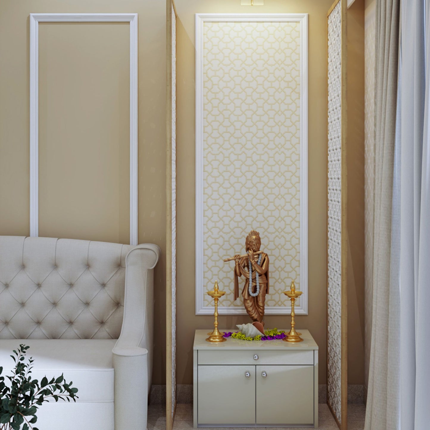 BHS Interio contemporary Mandir Wall Paneling With Wall Trims & Wallpaper