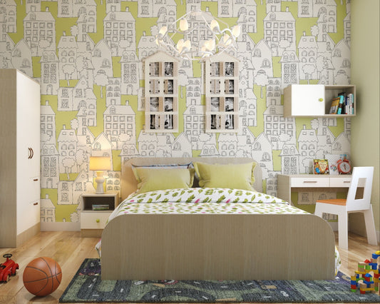 BHS Interio Modern Kids Bedroom Wall Paneling with Doodle Art Wallpaper