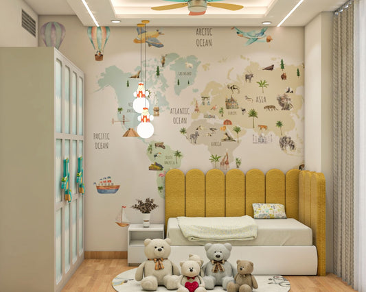 BHS Interio Contemporary Kids Bedroom Wall Paneling With World Map Wallpaper
