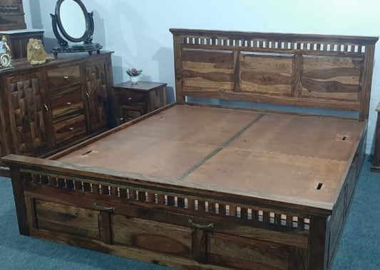 Sheesham Wood Bed in Storage & Drawer - Wooden Kuber  Design - King Size