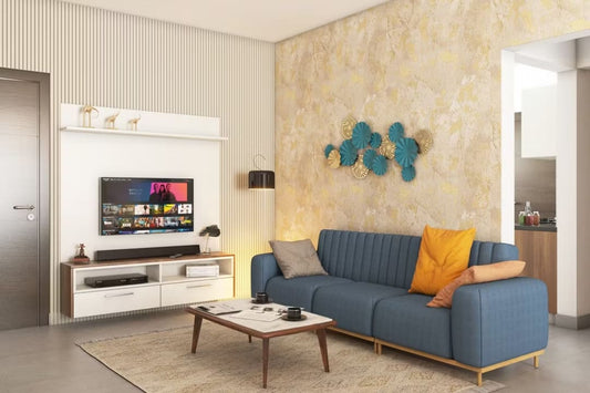 BHS Interio Contemporary Living Room Wall Paneling with Textured Wallpaper & Louvers