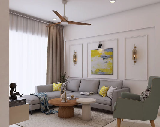 BHS Interio Contemporary Yellow And Grey Living Room Wall Paneling with Wall Trims & Wall Arts