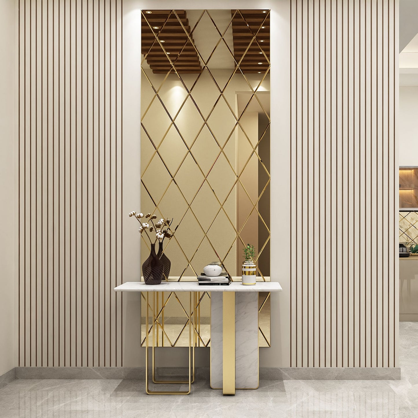 BHS Interio Modern Foyer Wall Paneling With Louvers & Mosaic Mirror