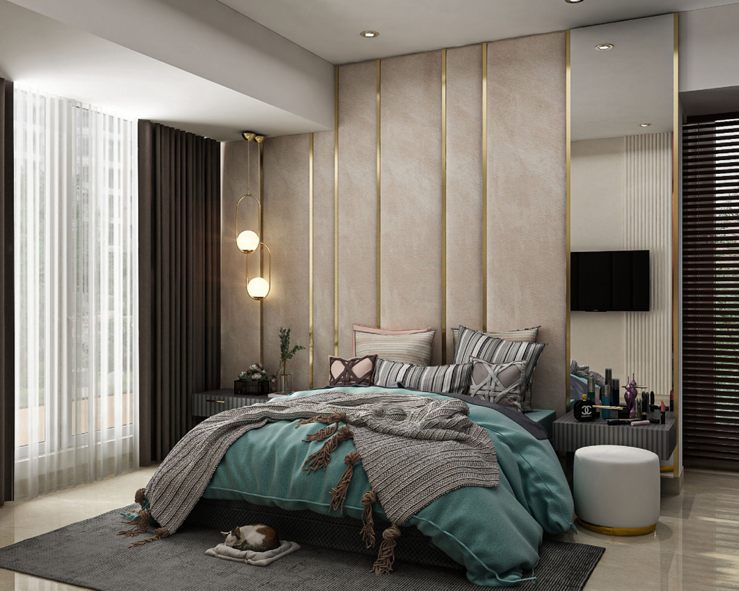 BHS Interio Contemporary Master Bedroom Wall Paneling With Cushioning And Golden Strips