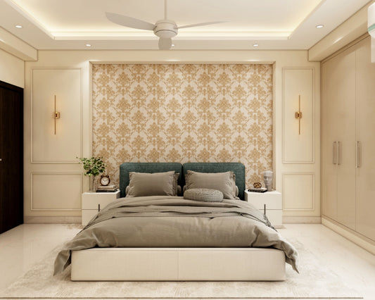 BHS Interio Contemporary Beige Master Bedroom Wall Paneling With Damask Wallpaper And Wall Trims