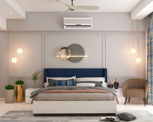 BHS Interio Modern Grey Master Bedroom Wall Paneling With Wall Trims And Wall Decor