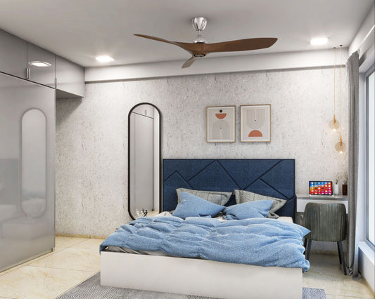 BHS Interio Contemporary Master Bedroom Wall Paneling with white and silver patterned wallpaper