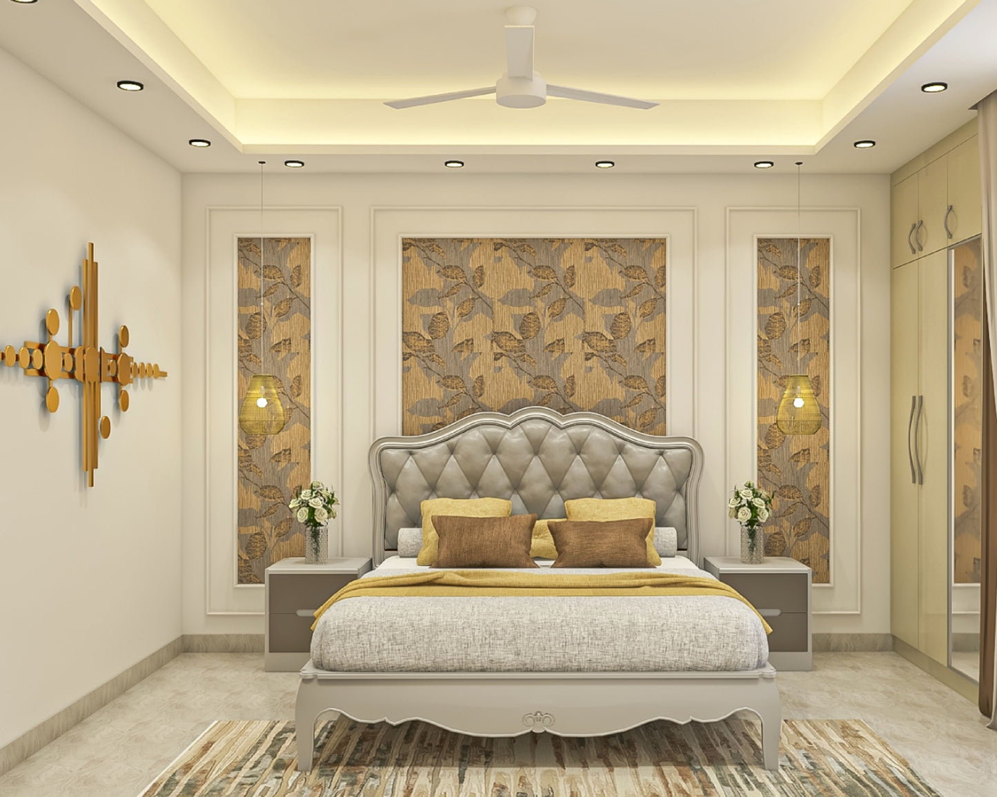 BHS interio Classic Master Bedroom Wall Paneling With Wall Trims And Wallpaper