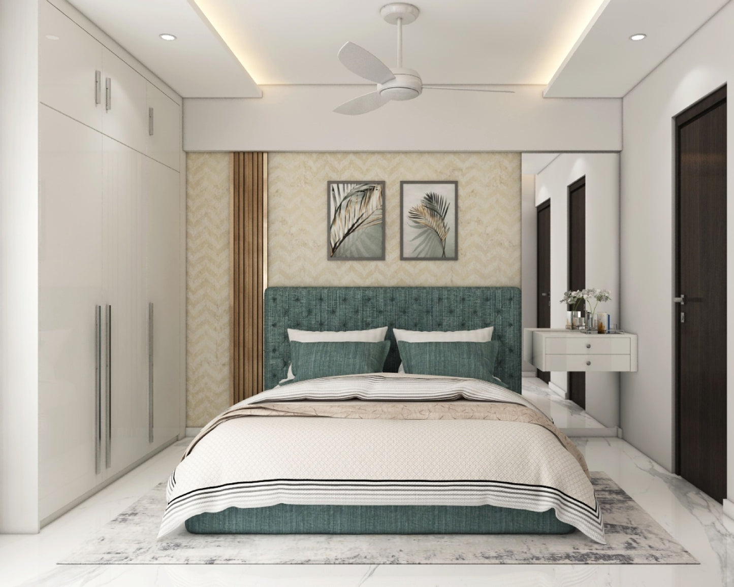 Modern Master Bedroom Wall Paneling With Patterned Wallpaper And Louvers