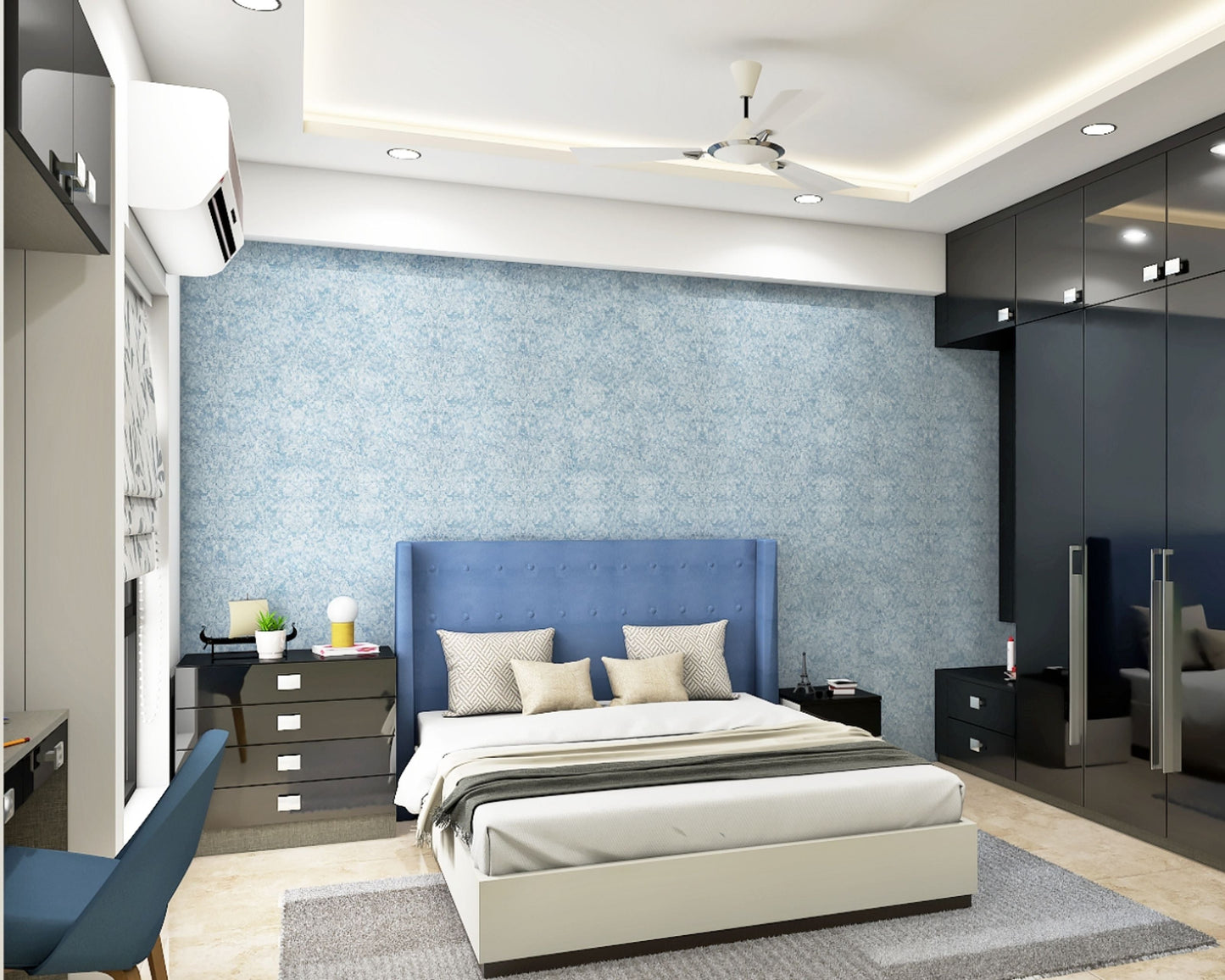 BHS Interio Modern Master Bedroom Wall Paneling With Damask Wallpaper