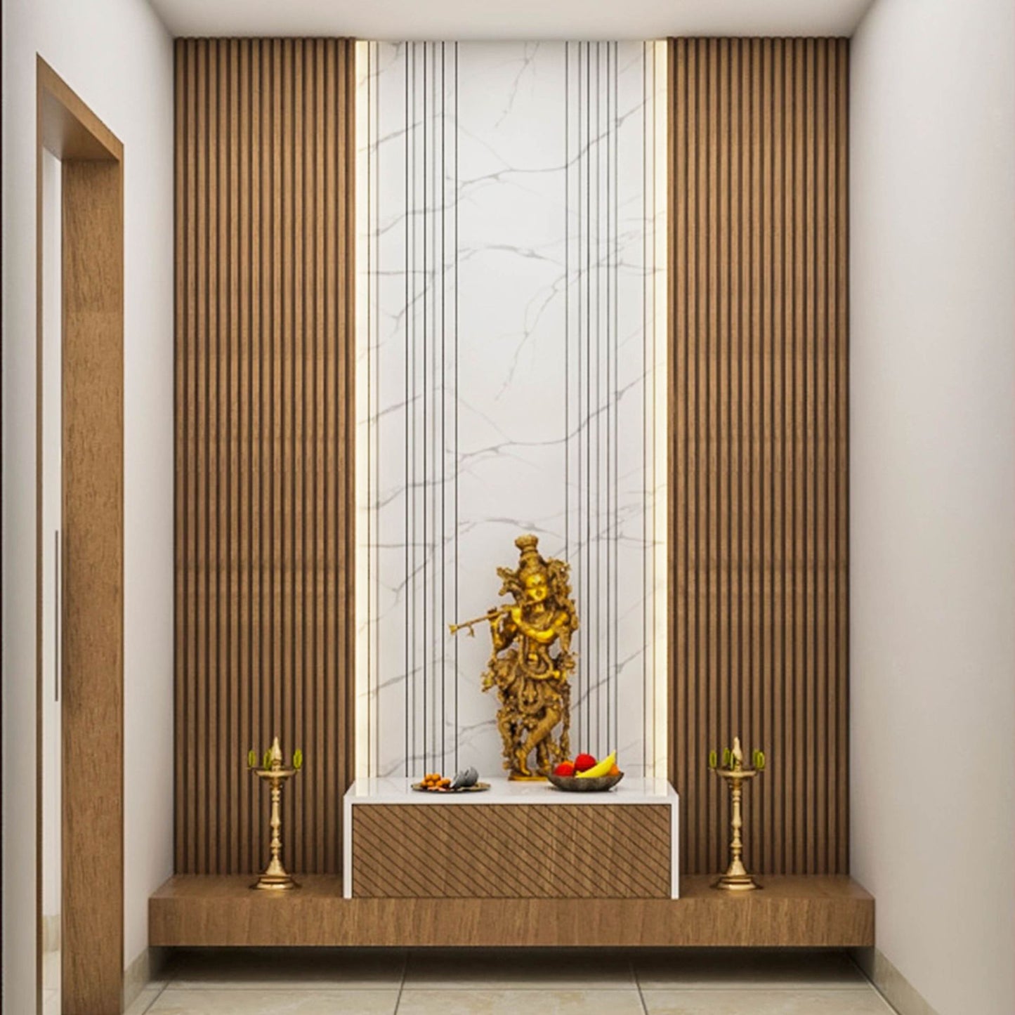 BHS Interio Contemporary Mandir Wall Paneling With Louvers & Laminate