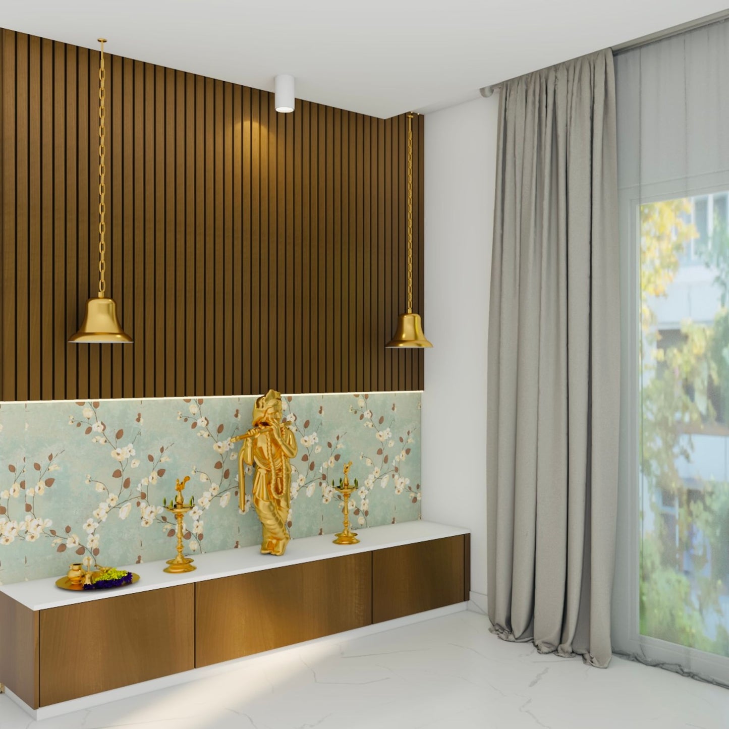 BHS Interio Contemporary Mandir Wall Paneling With Louvers & Wallpaper