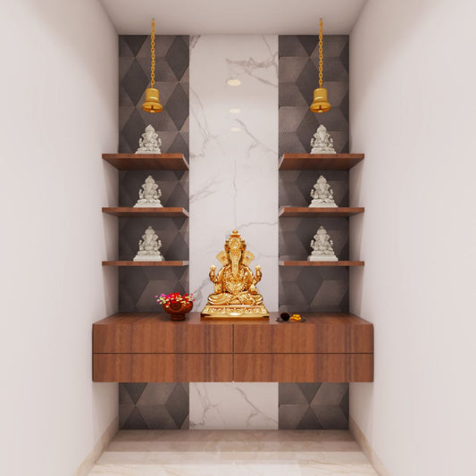 BHS Interio Modern Mandir Wall Paneling With Wallpaper & Laminate