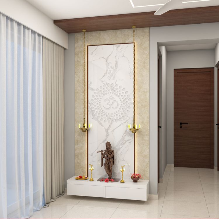 BHS Interio Modern Mandir Wall Paneling With Laminate & Wallpaper