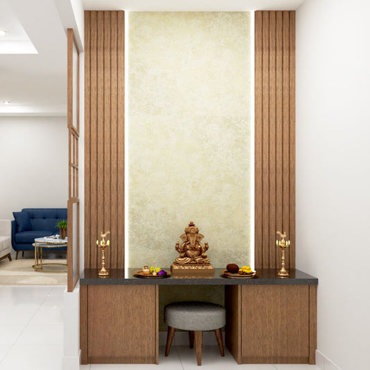 BHS Interio Modern Mandir Wall Paneling With Louvers & Wallpaper