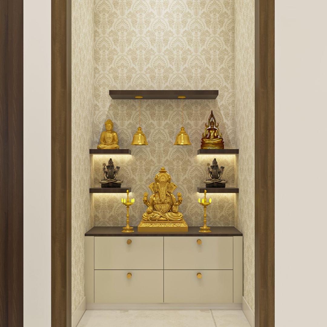 BHS Interio Modern Mandir Wall Paneling With Laminate & Wallpaper