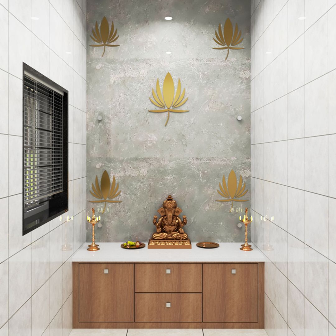 BHS Interio Modern Mandir Wall Paneling With Wallpaper