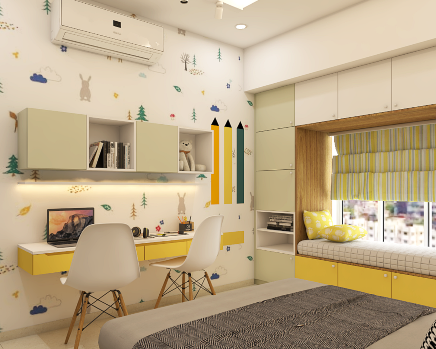 BHS Interio Contemporary Kid's Bedroom Wall Paneling With Mountain Wallpaper