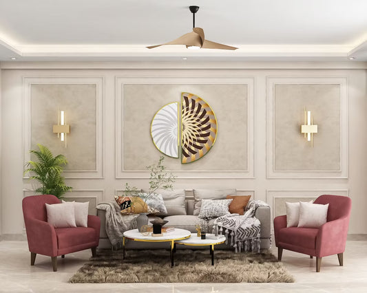 BHS Interio Contemporary Living Room Wall Paneling with Beige Textured Wallpaper And Gold Décor