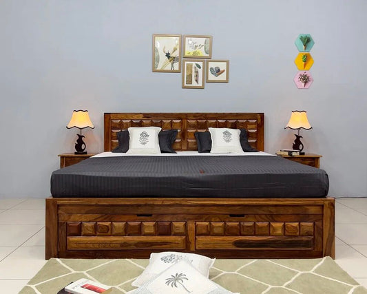 Sheesham Wood Bed in Storage & Drawer - Wooden Diamond Design - King Size