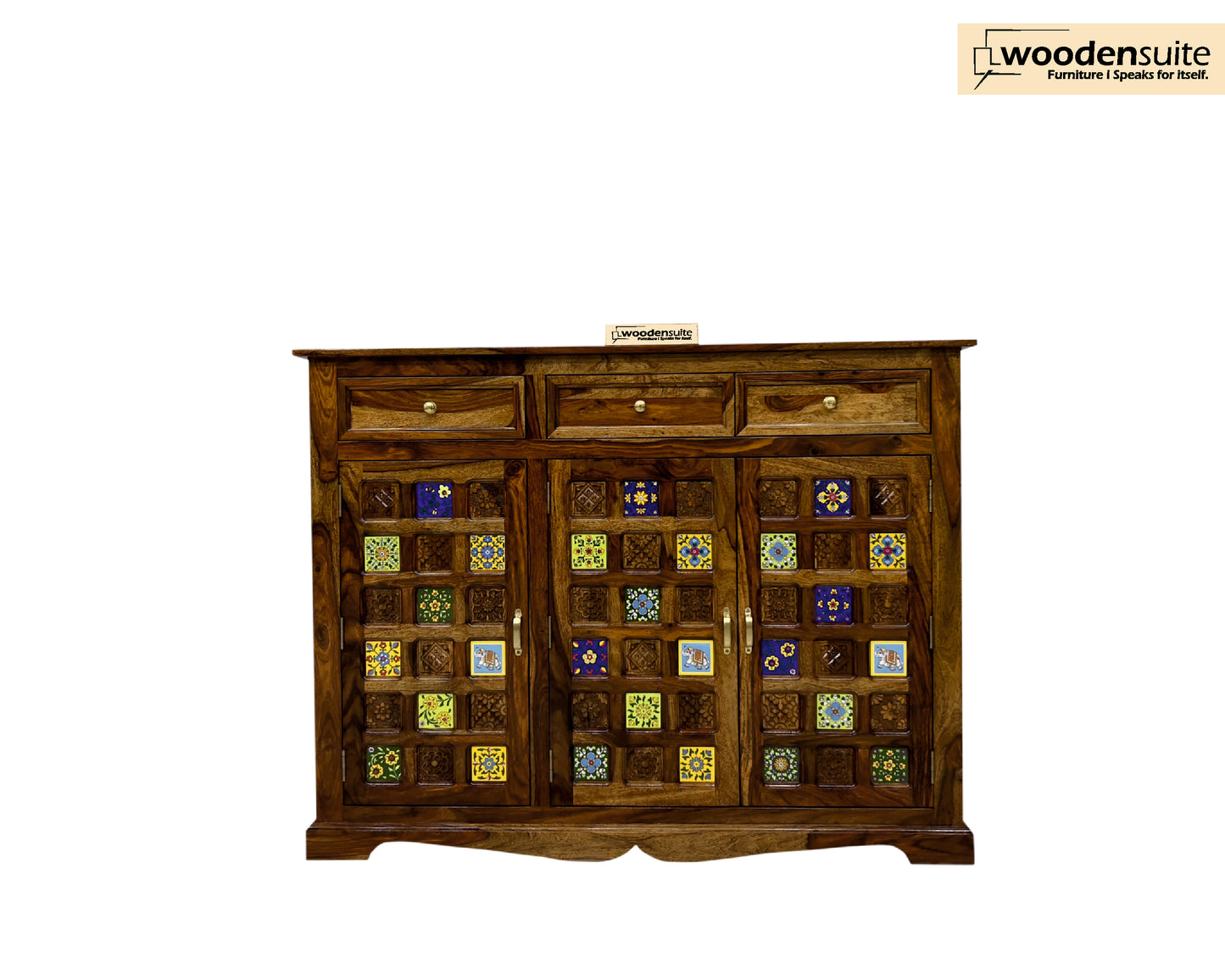 Sheesham Wood Side-Board/ Wall Cabinet – Tile Designed Doors