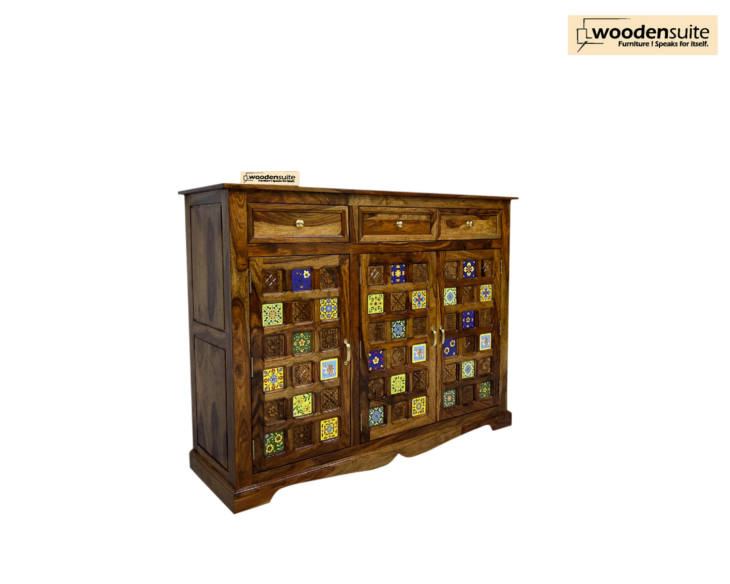 Sheesham Wood Side-Board/ Wall Cabinet – Tile Designed Doors